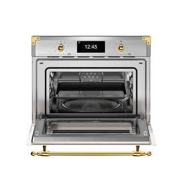 Forno Bertazzoni Heritage Combinado 40L Inox 60cm com porta aberta, acabamento aço inox e detalhes dourados