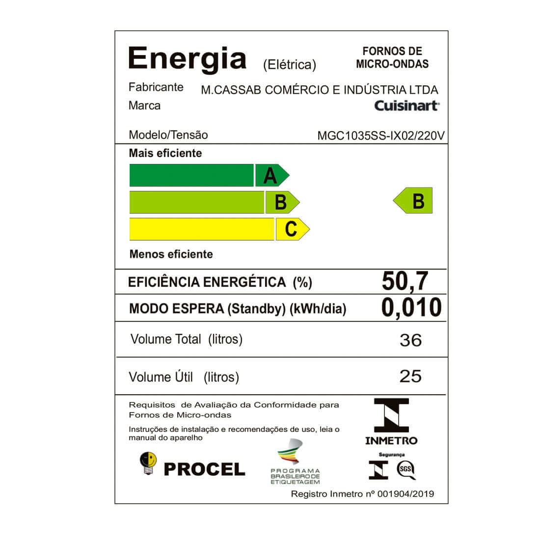 Forno Cuisinart Prime Combinado com Micro-ondas Inox 60cm 35 Litros etiqueta de energia INMETRO mostrando eficiência B, volume 36L