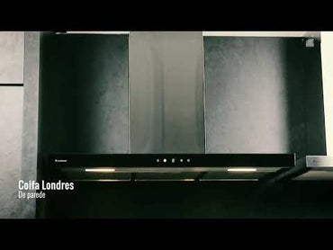 Coifa de Parede Debacco Londres Inox e Vidro Preto 90cm - coifa de parede com frente em vidro preto, inox escovado, formato inclinado e iluminação LED