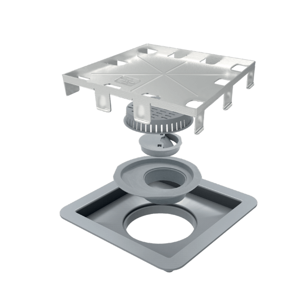 Ralo Quadrado Elleve Square 15x15cm - Tampa Oculta, ralo de piso desmontável em inox escovado com base e filtro visíveis