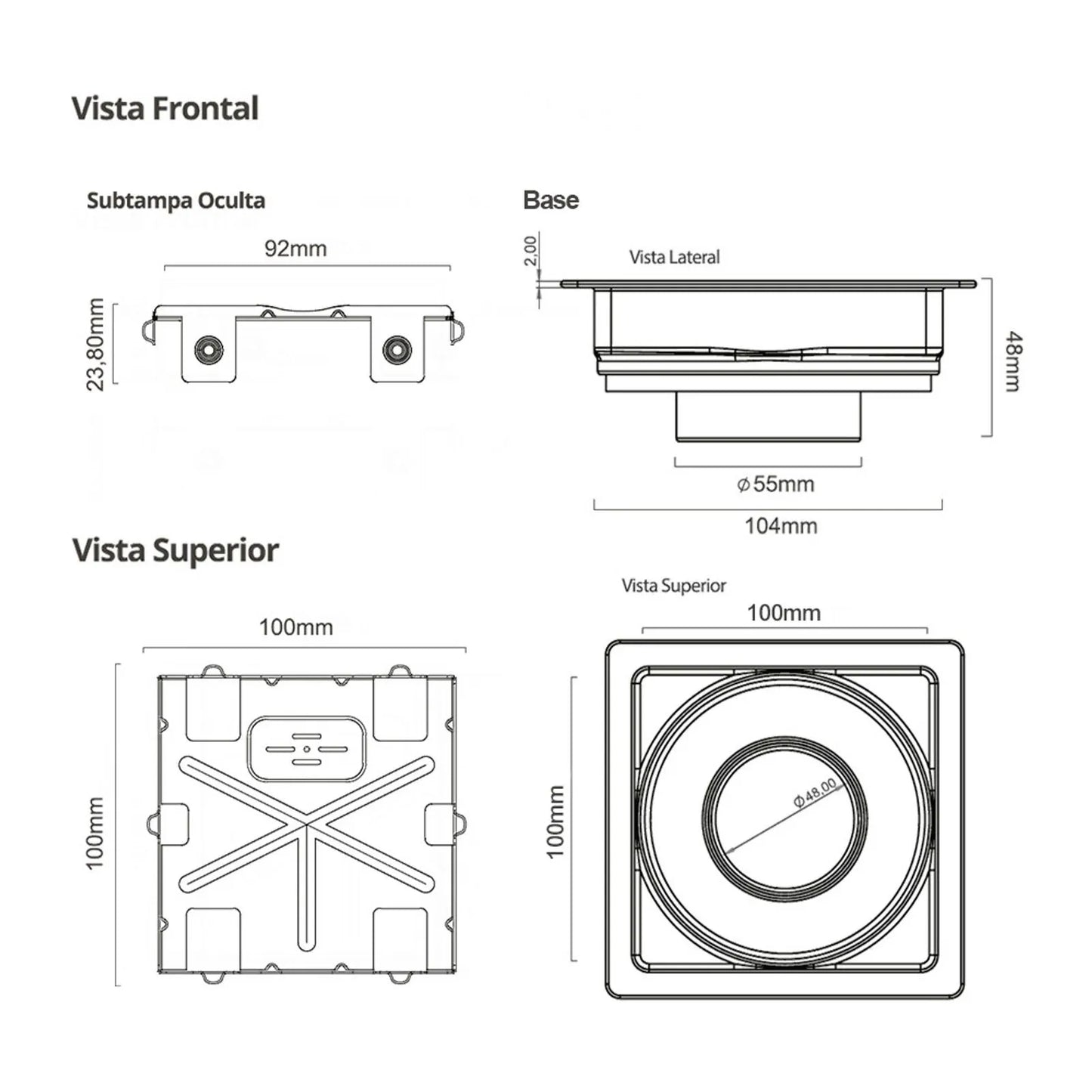Ralo Quadrado Elleve Square 10x10cm - Tampa Oculta com desenho técnico, medidas 100x100mm e base circular para instalação de piso
