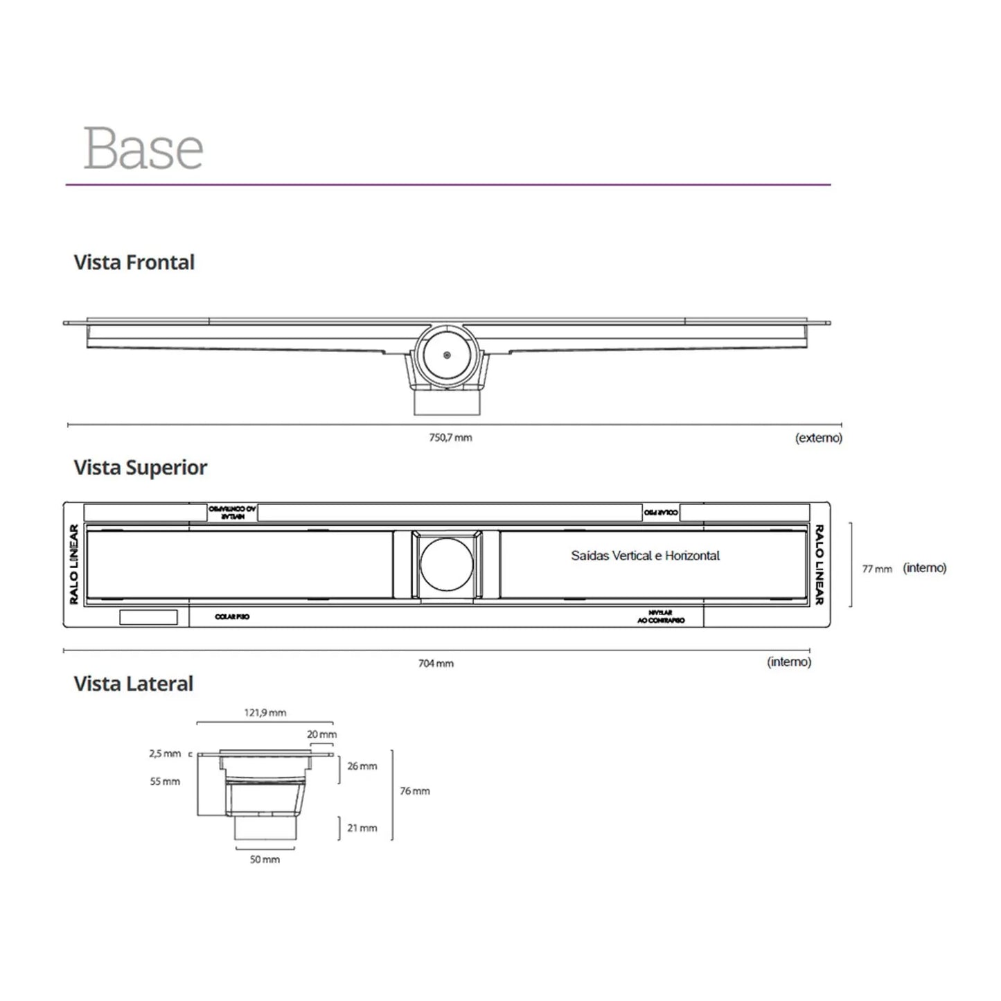 Ralo Linear Elleve Smart 70cm Tampa Oculta - Saída Central mostrando desenhos técnicos com medidas, vista frontal, superior e lateral em inox