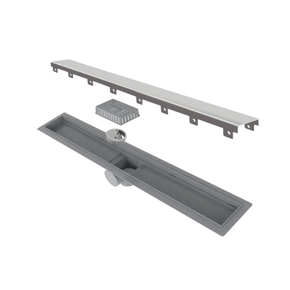 Ralo Linear Elleve Smart 70cm Tampa Inox - Saída Central mostrando ralo linear Elleve em inox escovado desmontado com saída central e instalação reduzida