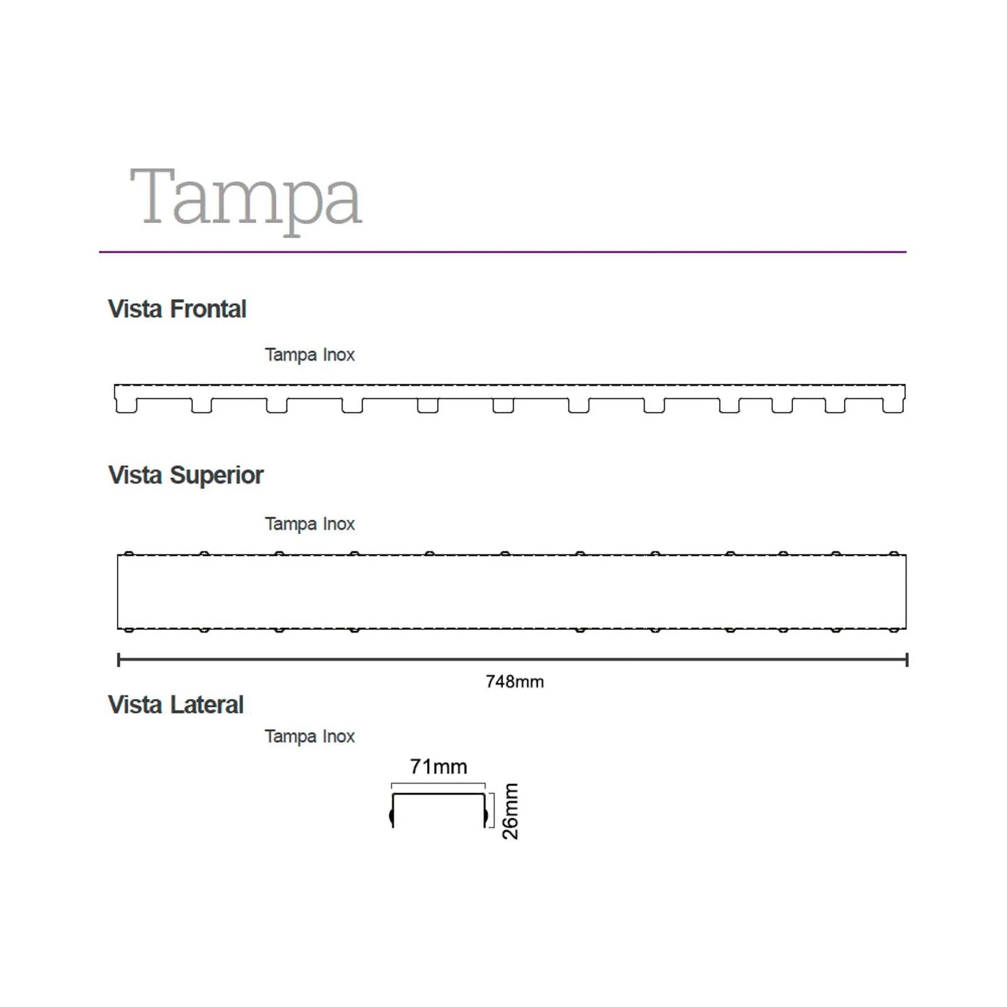 Ralo Linear Elleve Versalite 75cm Tampa Inox - Saída Lateral: desenho técnico da tampa inox com vistas frontal, superior e lateral e dimensões