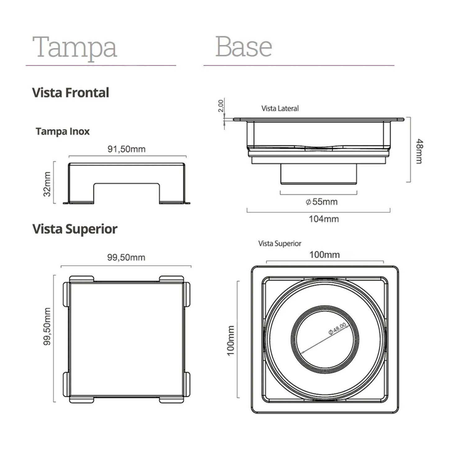 Ralo Quadrado Elleve Square 10x10cm - Tampa Inox mostrando desenhos técnicos da tampa e base com medidas e acabamento inox