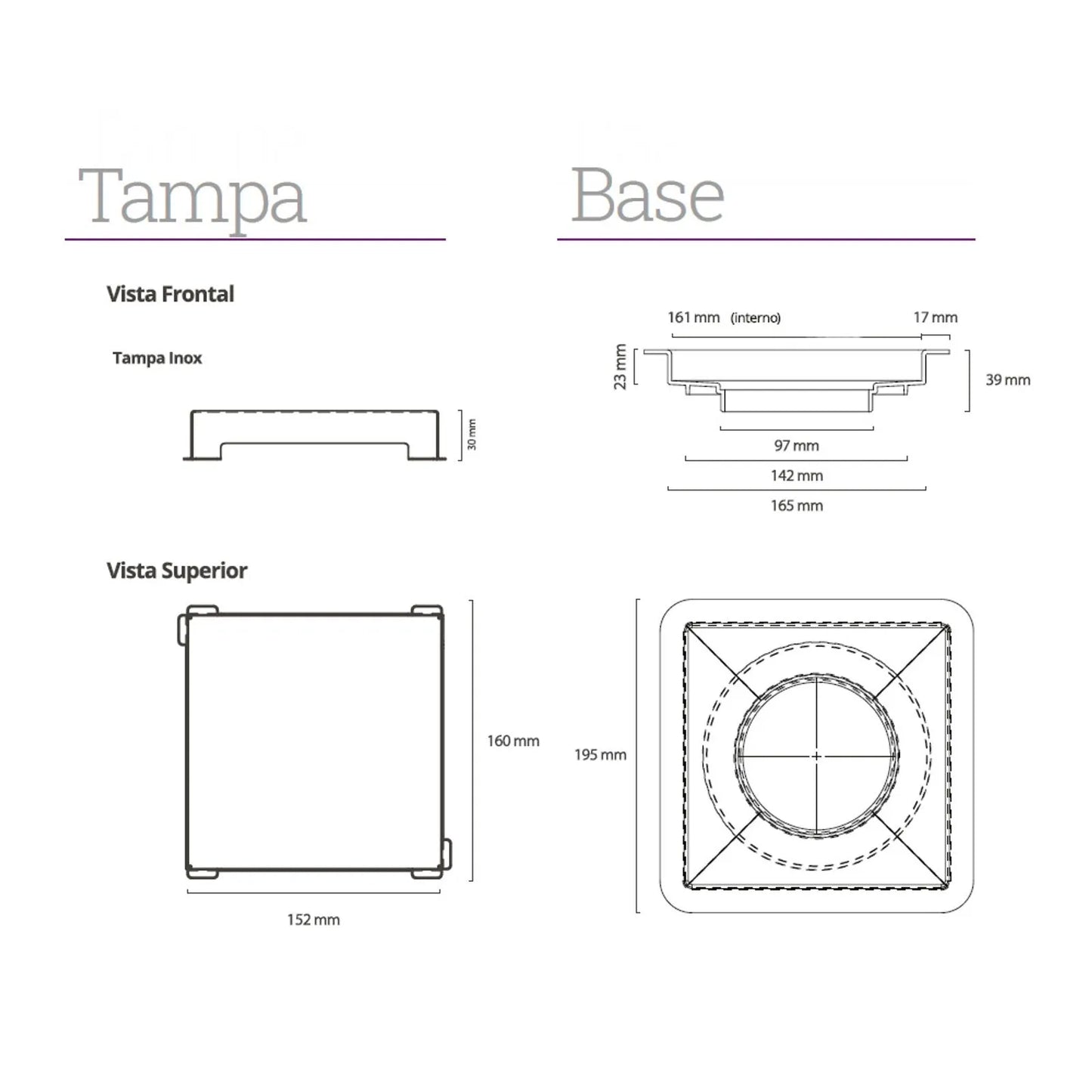 Ralo Quadrado Elleve Square 15x15cm - Tampa Inox mostrando medidas técnicas da tampa e base em inox para instalação de piso