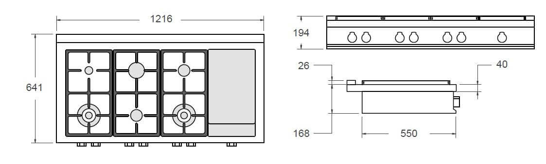 Desenho técnico do RangeTop Bertazzoni Master 6 bocas a Gás e Grill Elétrico Inox 122cm com medidas.