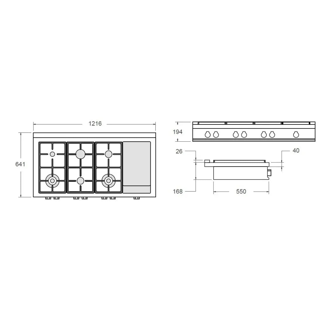 Desenho técnico da RangeTop Bertazzoni Professional 6 bocas e Grill Elétrico Inox 122cm, mostrando medidas e layout.