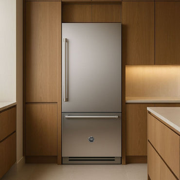 Refrigerador Bertazzoni Master 473 litros com design moderno em inox, instalado em cozinha moderna.