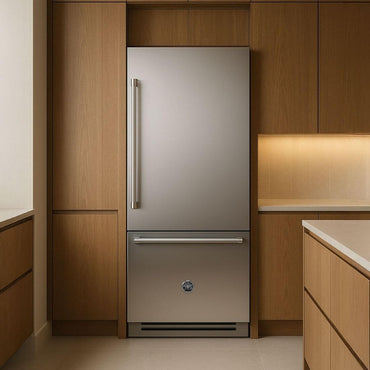 Refrigerador Bertazzoni Master 473 litros com design moderno em inox, instalado em cozinha moderna.