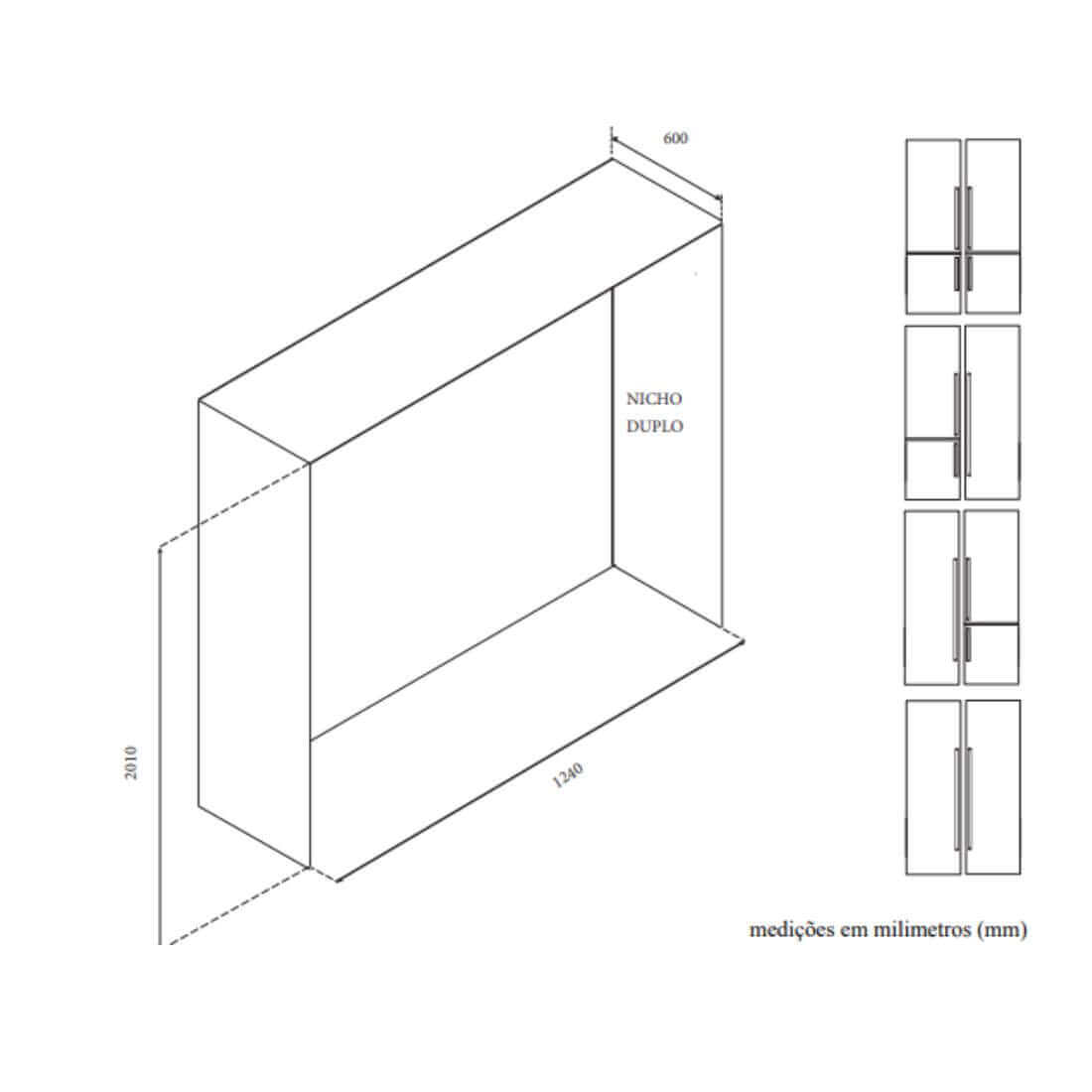 Refrigerador Tecno Professional Side by Side 658 Litros Inox 122cm mostrando nicho de embutir 124cm e desenho técnico com portas inox e puxadores tubulares
