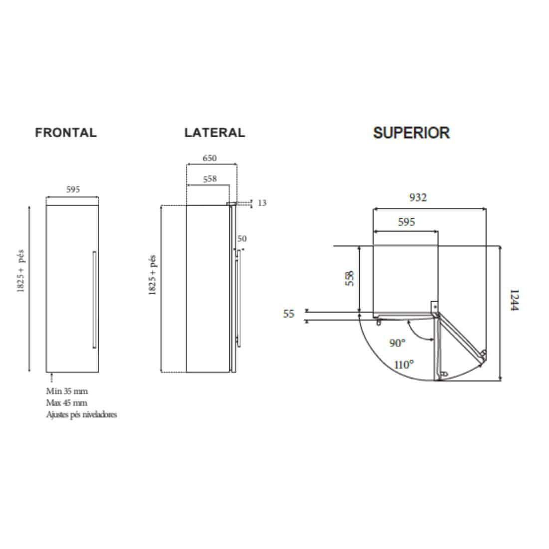 Desenho técnico do Freezer Tecno Professional 278 Litros Inox 60cm, mostrando medidas de frontal, lateral e superior.