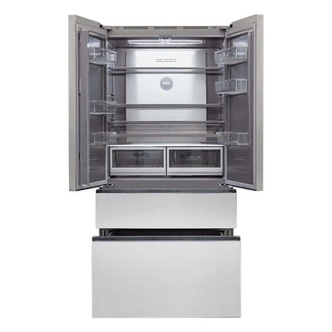 Refrigerador Evol French Door 521 Litros inox 91cm com portas abertas mostrando prateleiras e gavetas do freezer