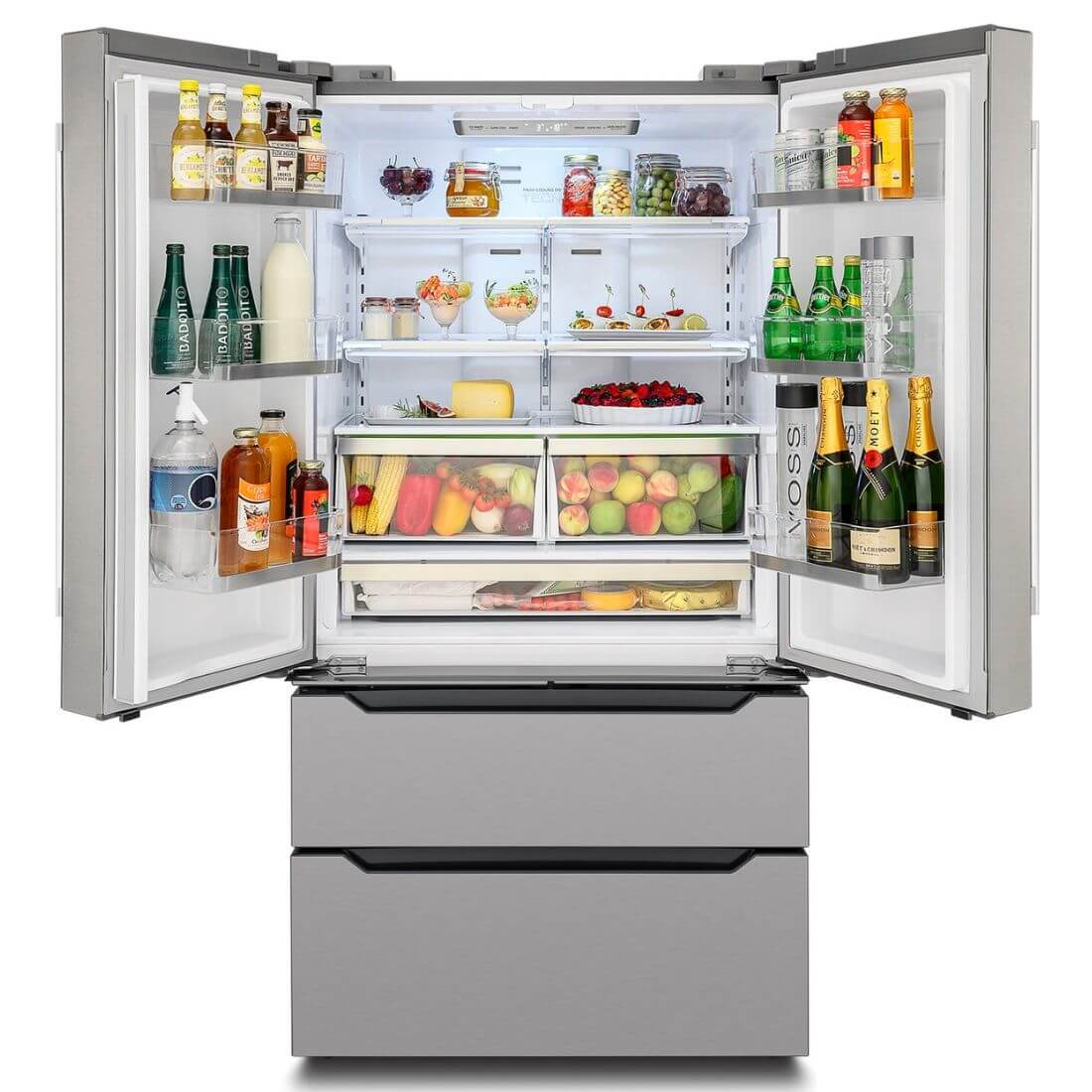 Refrigerador Tecno Professional French Door 636 Litros com interior iluminado por LEDs e amplo espaço para alimentos e bebidas.