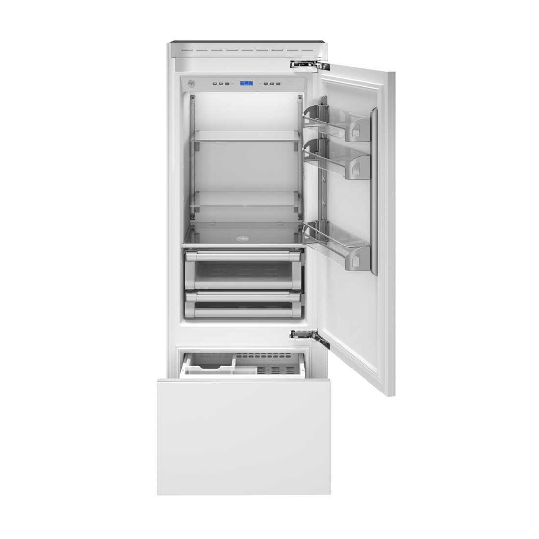 Refrigerador Bertazzoni 473 litros com portas para revestir, interior amplo e máquina de gelo inteligente.