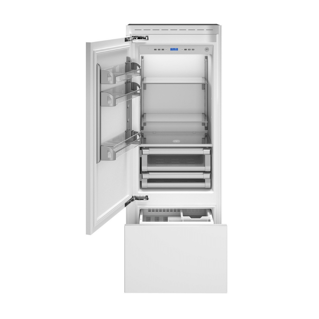 Refrigerador Bertazzoni de 473 litros com abertura esquerda, detalhes internos e design elegante.