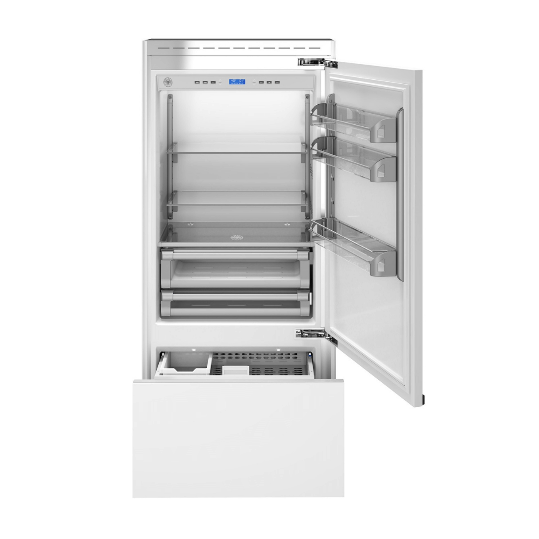 Alt Tag: Refrigerador Bertazzoni para Revestir 596L 90cm com freezer inferior aberto, máquina de gelo e portas para revestir