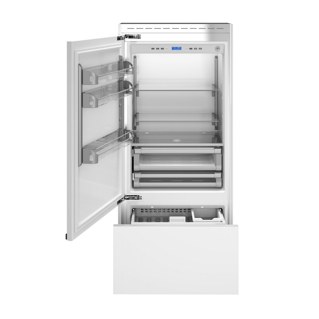 Alt Tag: Refrigerador Bertazzoni para Revestir 596L 90cm aberto mostrando prateleiras, gaveta freezer inferior e dispenser de gelo inteligente