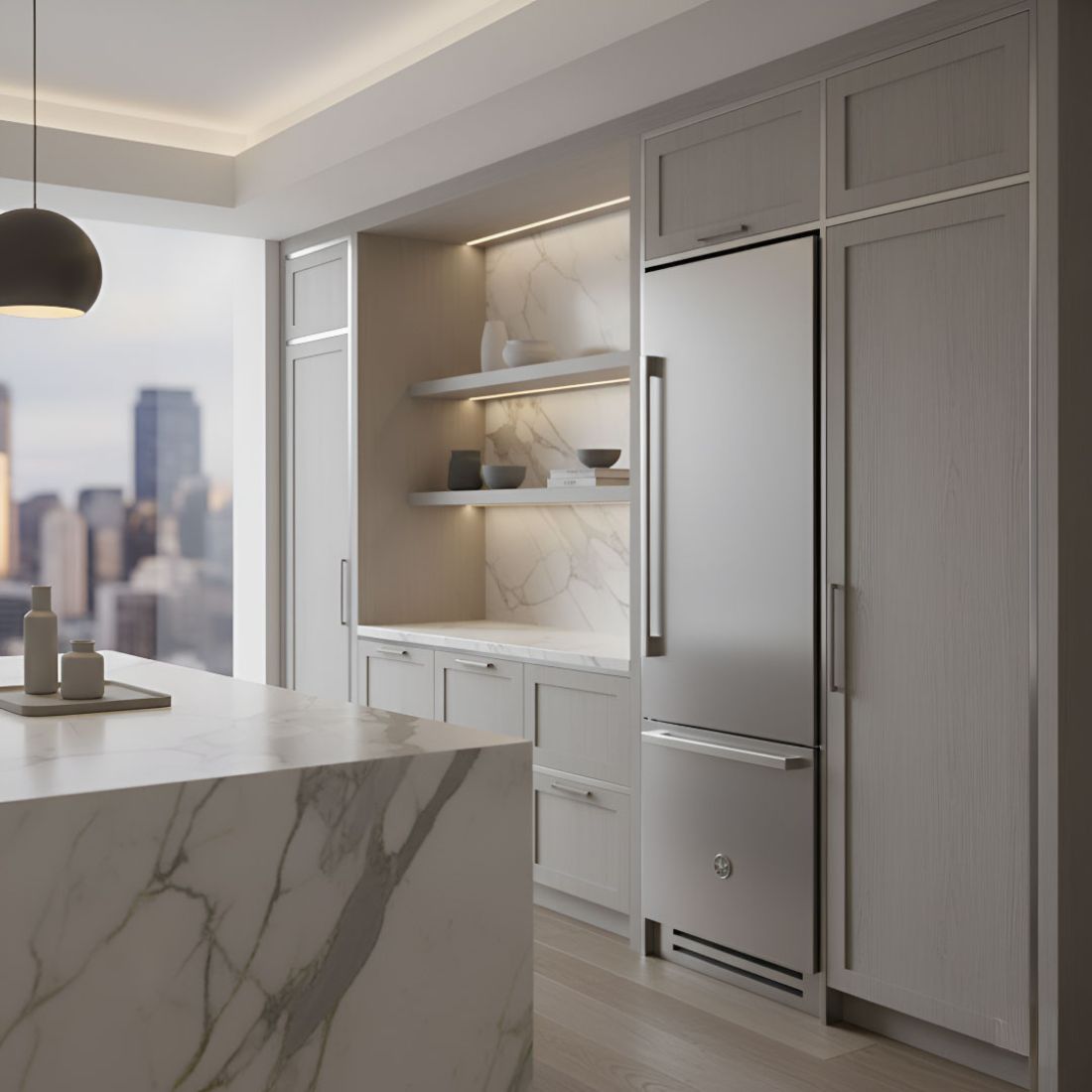 Cozinha moderna com Refrigerador Bertazzoni Professional 473 Litros em inox ao lado de estantes minimalistas.