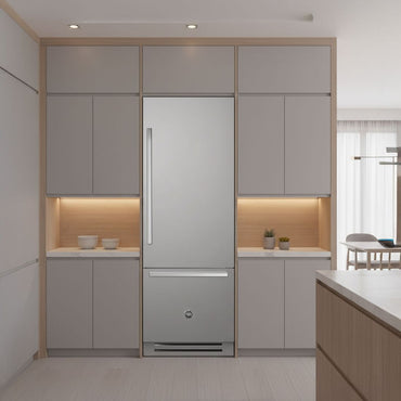 Imagem do refrigerador Bertazzoni Professional 473 Litros integrado em cozinha moderna, com armários cinzas e iluminação suave.