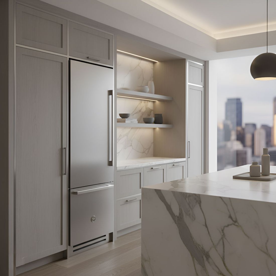 Refrigerador Bertazzoni Professional 473 litros em ambiente moderno com acabamento em inox e design sofisticado.