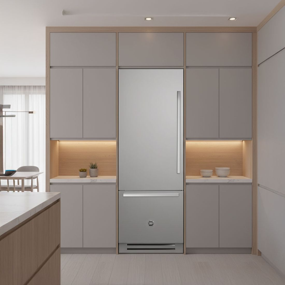 Refrigerador Bertazzoni Professional 473 litros embutido em cozinha moderna, com acabamento em inox 304.