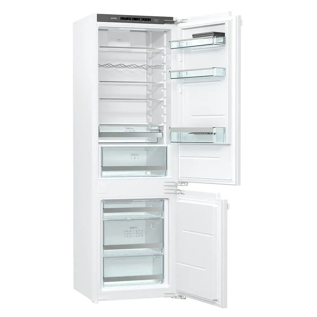 Refrigerador Gorenje Bottom Freezer 269 Litros 60cm com portas brancas e interior prático e moderno.