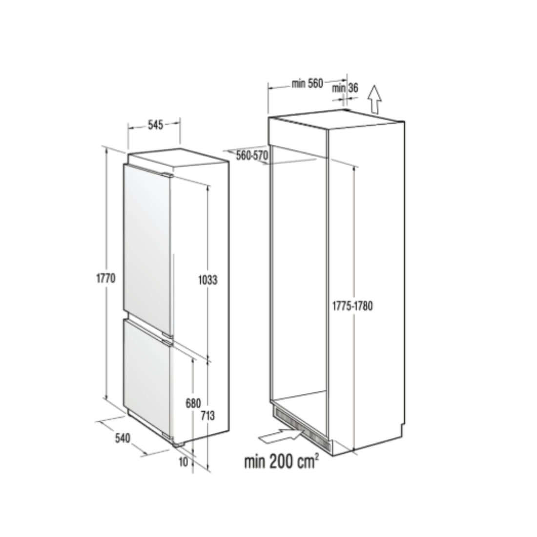 Desenho técnico do Refrigerador Gorenje Bottom Freezer 269 Litros com medidas e especificações.