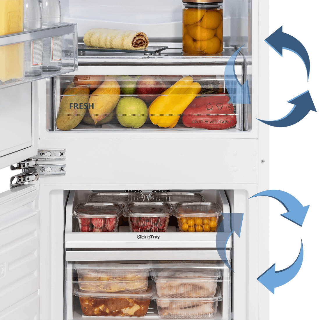 Refrigerador Tecno com frutas frescas na prateleira e gavetas do freezer, sistema de refrigeração otimizado.