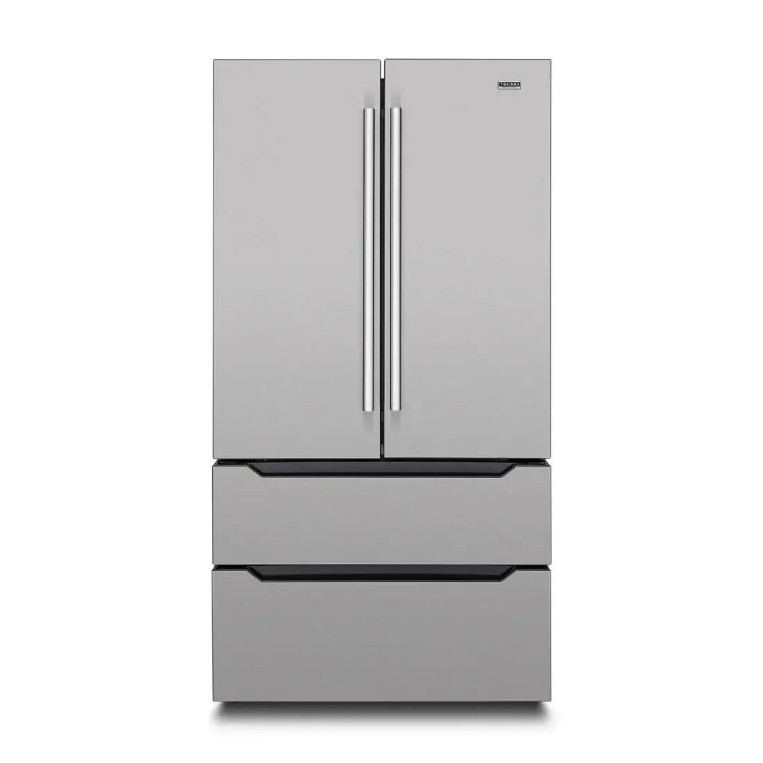 Refrigerador Tecno Original French Door 636 Litros inox com puxadores retangulares e iluminação LED interna.