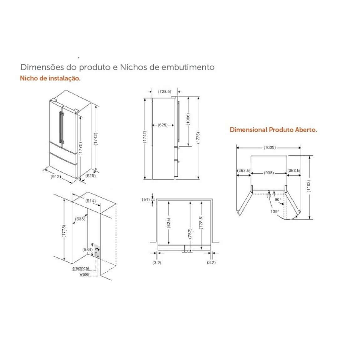 Dimensões do Refrigerador Tecno Professional French Door 636 Litros, incluindo nichos de embutimento.