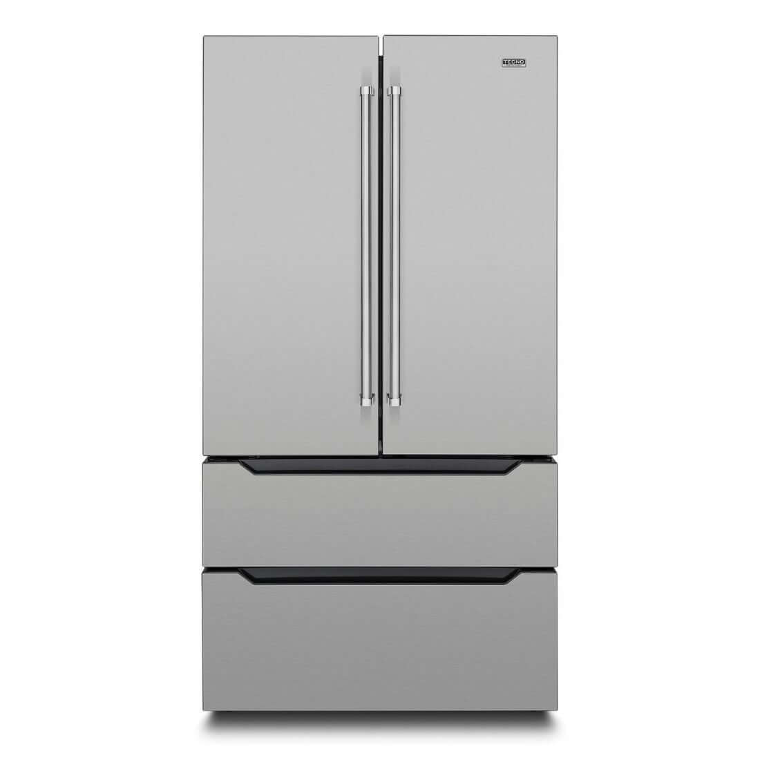 Refrigerador Tecno Professional French Door 636 Litros em inox com puxadores tubulares e iluminação interna LED.