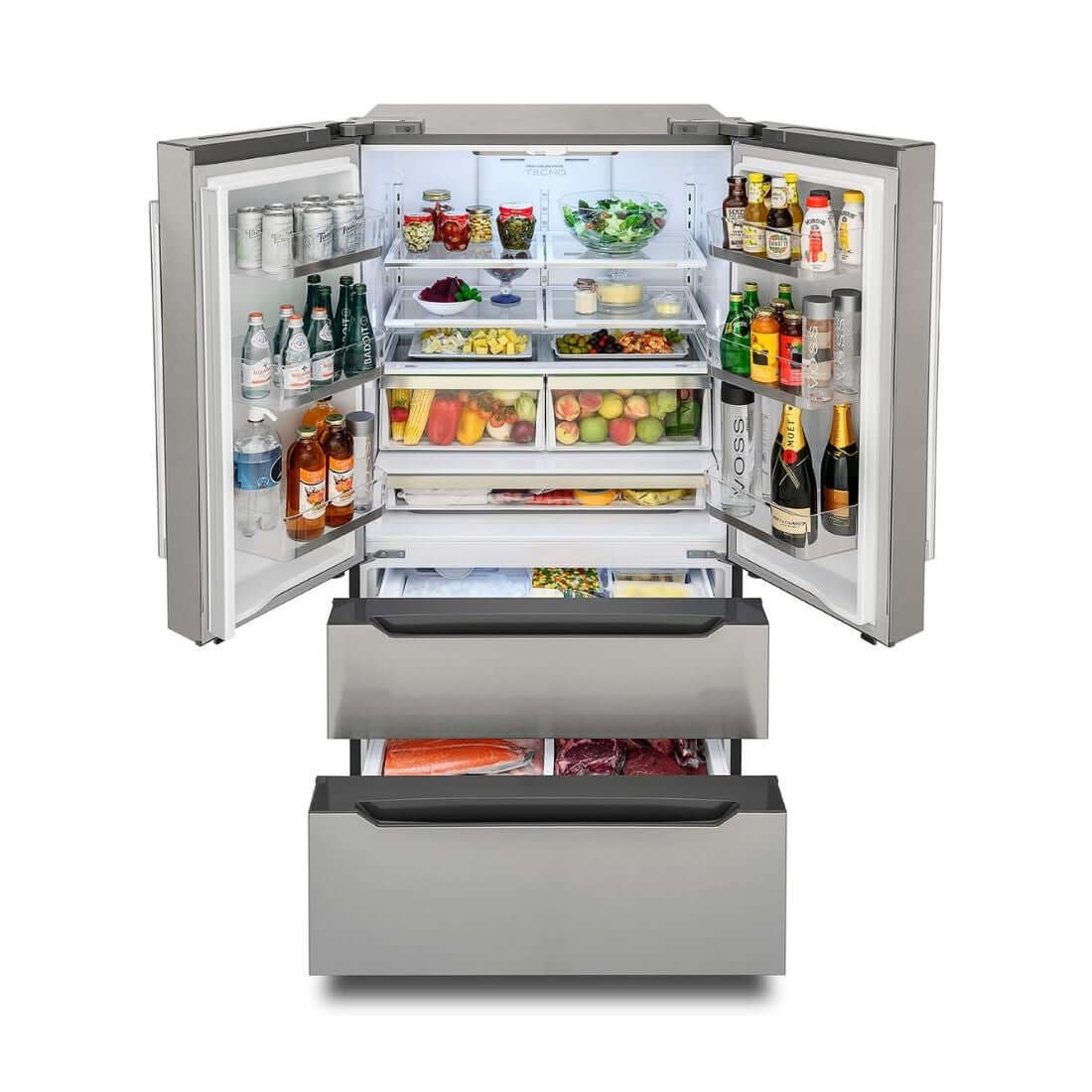 Refrigerador Tecno Professional French Door 636L inox com interior iluminado e prateleiras organizadas.