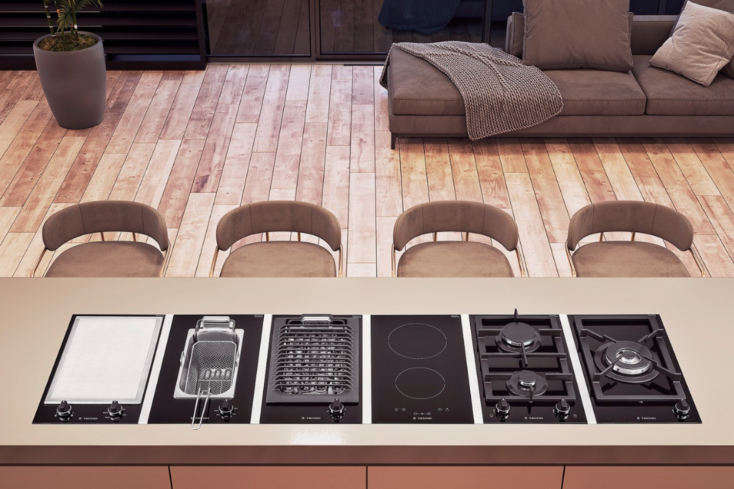 Cooktop Dominó de 2 bocas preto embutido em bancada compacta, painel touch e design moderno