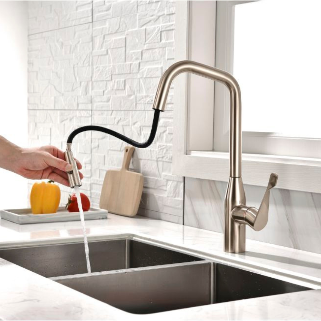 Misturador Monocomando de luxo em inox com bica móvel e ducha retrátil para cozinha moderna