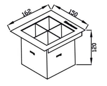 Diagrama com medidas do Porta Talheres Debacco Inox 15cm, destacando o design e compartimentos organizadores.