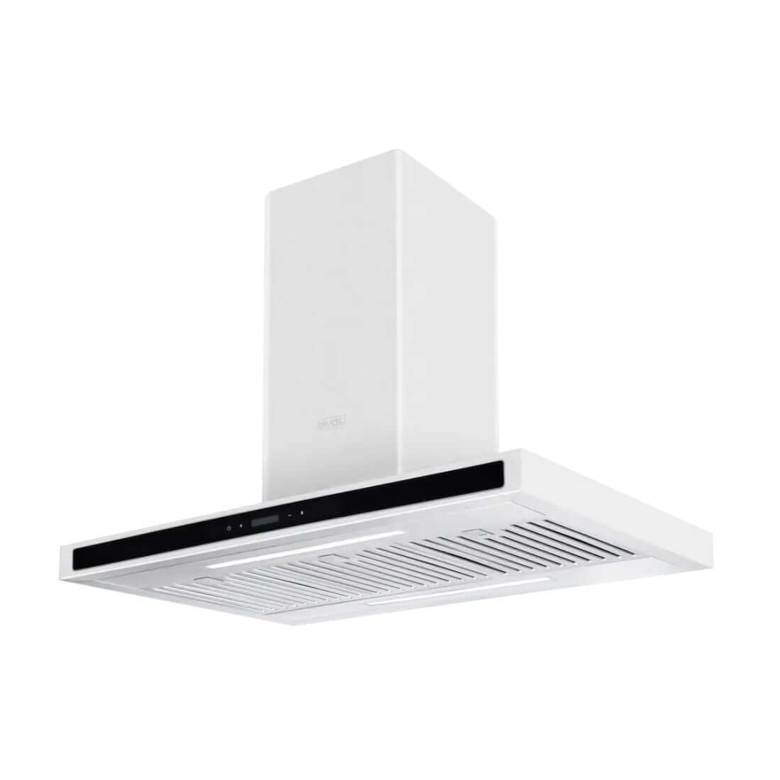 Coifa Evol de Ilha Sigma 90cm inox escovado com painel vidro preto, motor 800 m³/h e design para ilha