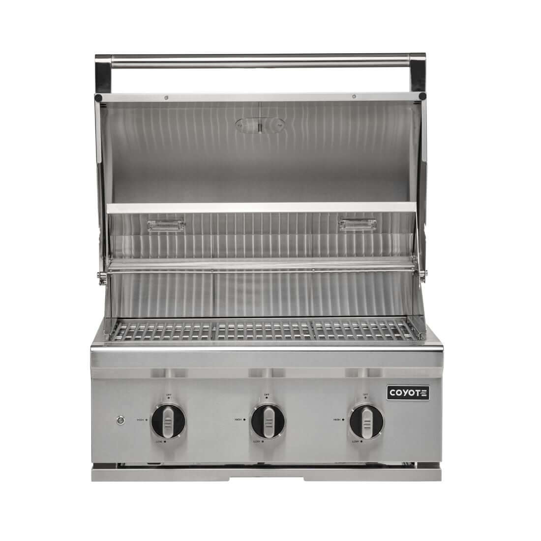 Churrasqueira a Gás Coyote 3 Queimadores Série C3 Inox 71cm com tampo aberto e grelha em aço inox.