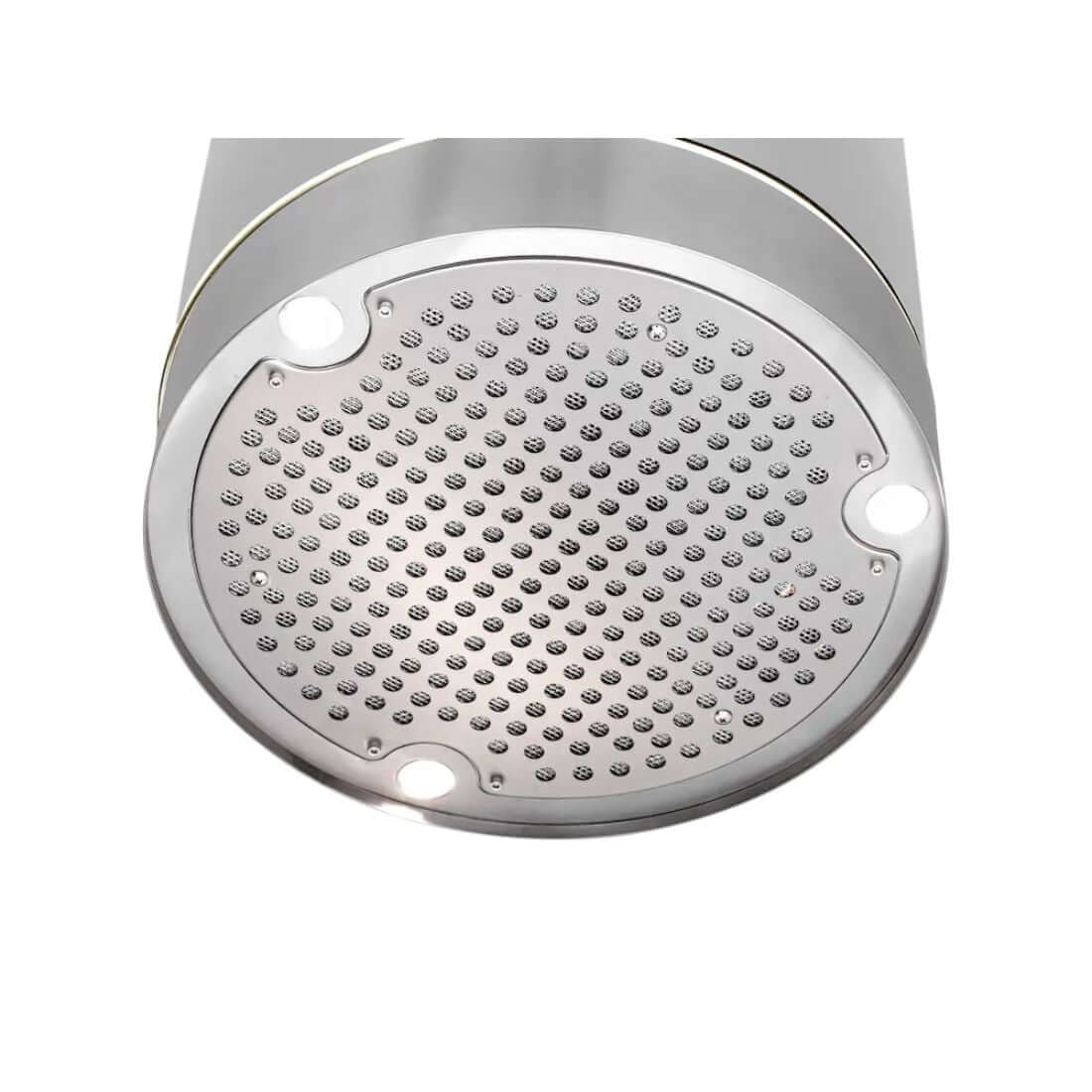 Coifa Evol de Ilha cilíndrica inox 38cm vista inferior com anel LED e fibra de aço 304 escovado