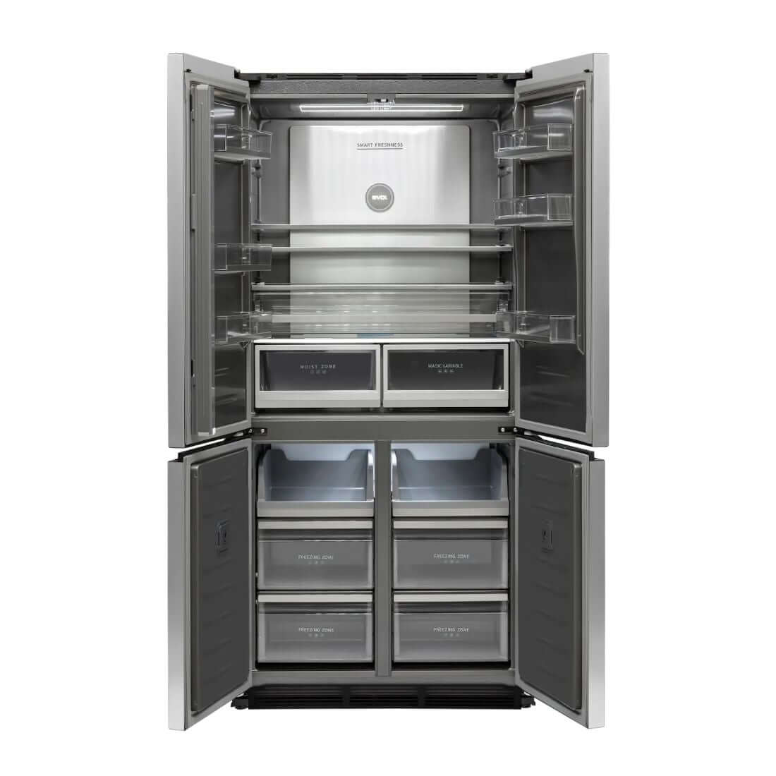 Refrigerador Evol Multi Door 504L inox 4 portas aberto mostrando prateleiras, gavetas e acabamento interno Titanium