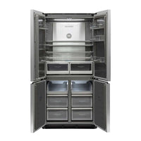 Refrigerador Evol Multi Door 504L inox 4 portas aberto mostrando prateleiras, gavetas e acabamento interno Titanium