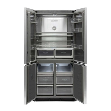 Refrigerador Evol Multi Door 504L inox 4 portas aberto mostrando prateleiras, gavetas e acabamento interno Titanium