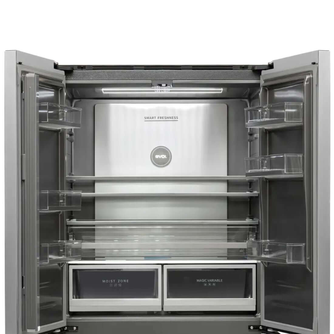 Refrigerador Evol Multi Door Smart 504L Inox 91cm com portas abertas mostrando prateleiras e gavetas em acabamento inox