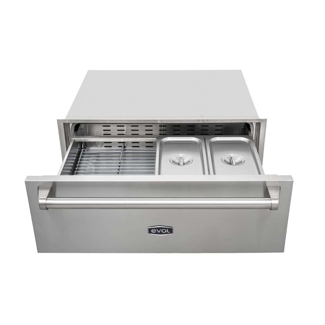 Gaveta Aquecida Evol com Rechaud inox 76cm aberta mostrando rechauds e corrediças telescópicas