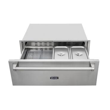 Gaveta Aquecida Evol com Rechaud inox 76cm aberta mostrando rechauds e corrediças telescópicas