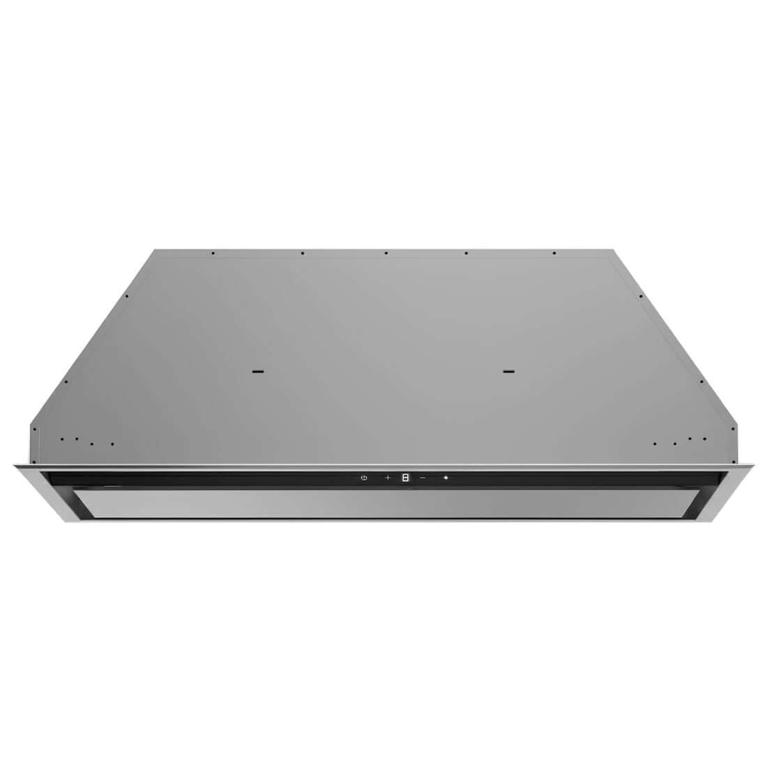 Coifa Evol de Embutir vista frontal integrada em aço inox 304 escovado, painel touch e abertura de aspiração visíveis