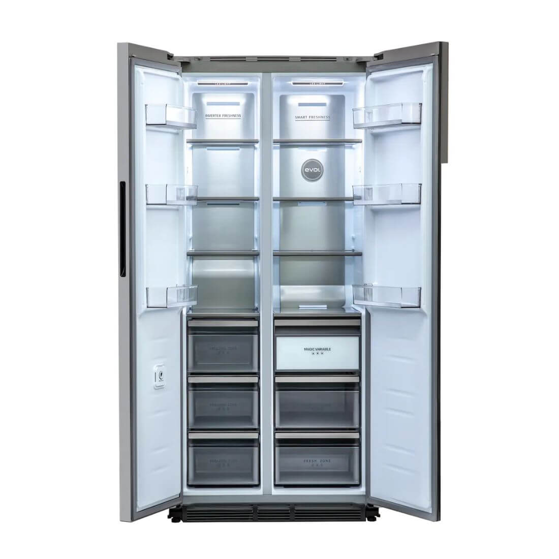 Refrigerador Evol Side by Side inox 436L 84cm com portas abertas, interior iluminado e gavetas embutidas
