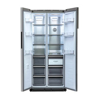 Refrigerador Evol Side by Side inox 436L 84cm com portas abertas, interior iluminado e gavetas embutidas