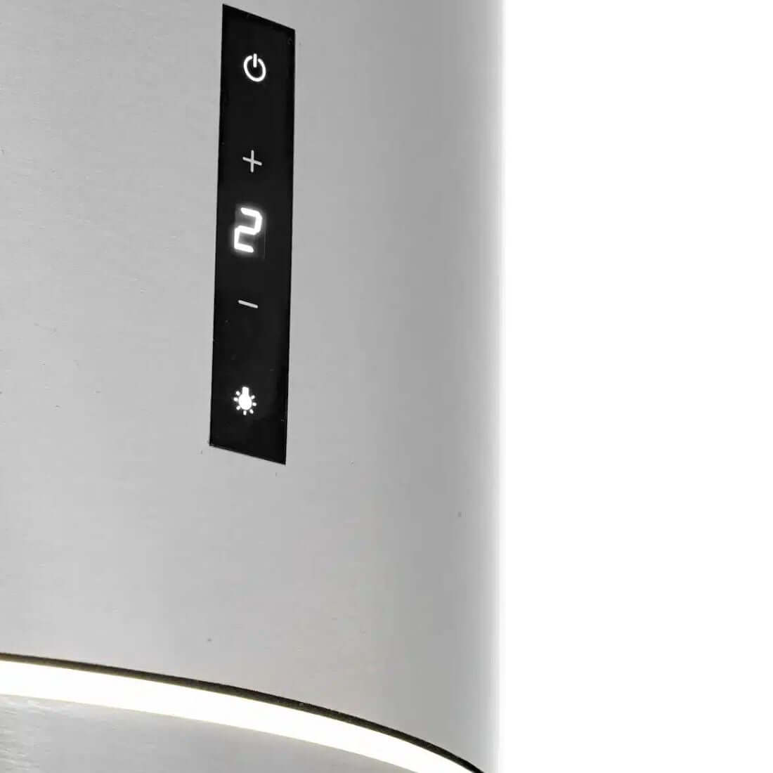 Coifa Evol de Ilha cilíndrica inox 38cm com painel touch LED mostrando velocidade 2 e iluminação em anel