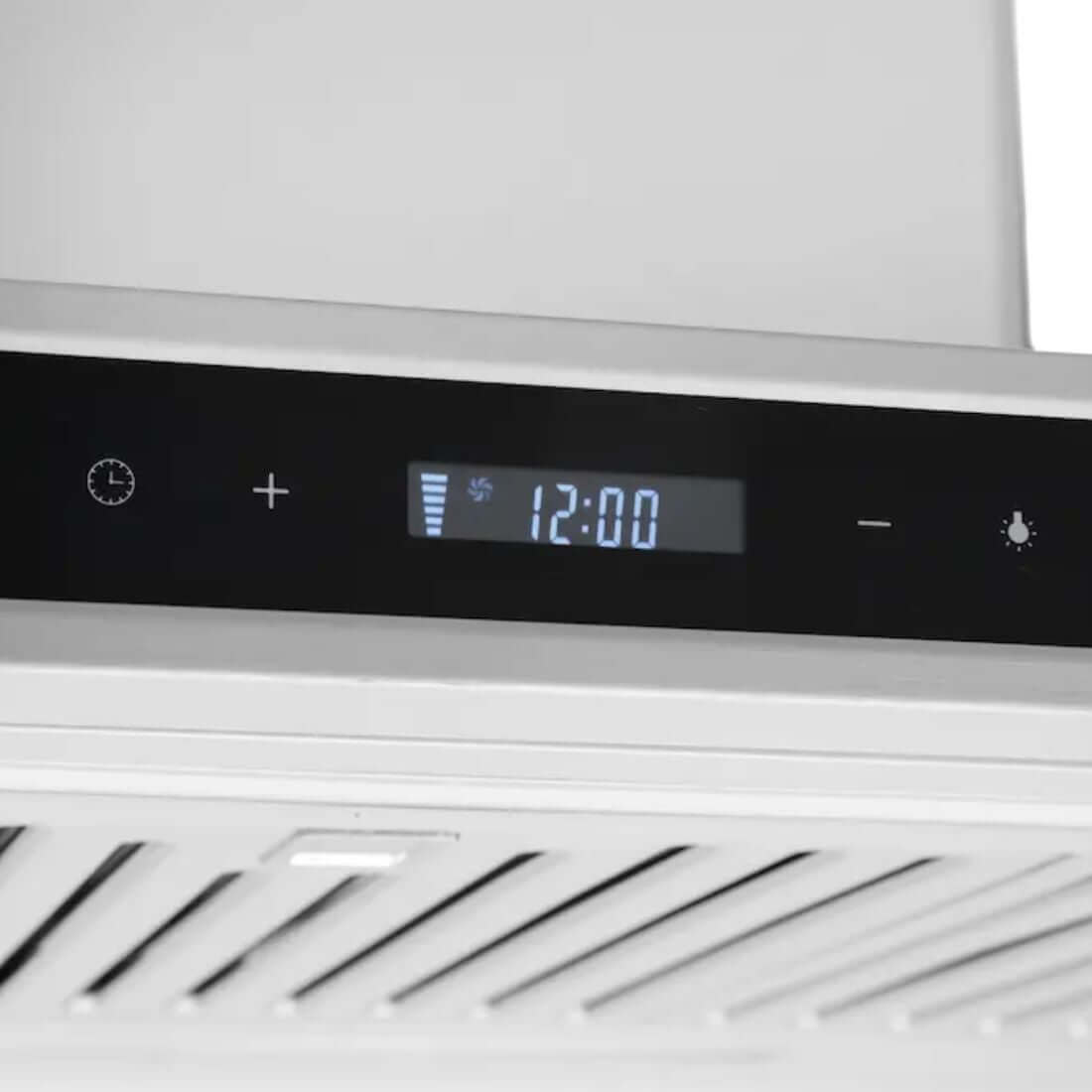 Coifa Evol de Ilha Sigma com painel frontal em vidro preto, display digital e controles touch, motor 800 m³/h